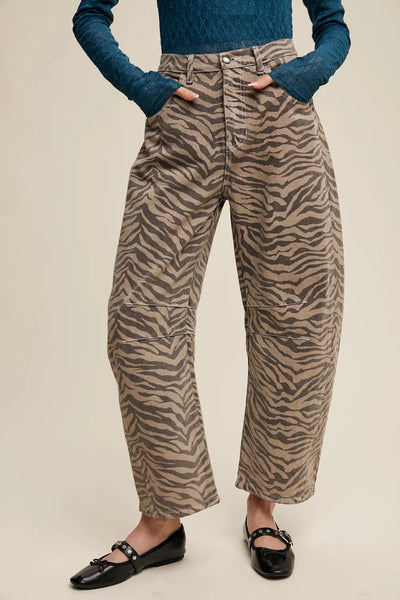 Luvoria Zebra Print Barrel Jeans