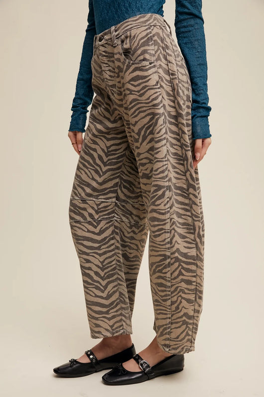 Luvoria Zebra Print Barrel Jeans