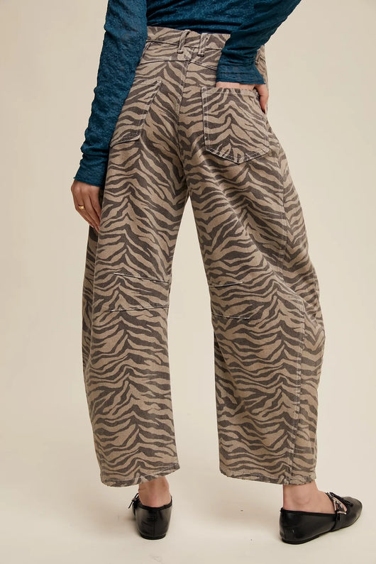 Luvoria Zebra Print Barrel Jeans